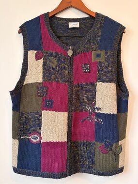 Monterey by Koret Vintage Patchwork Knit Sweater Vest Large L